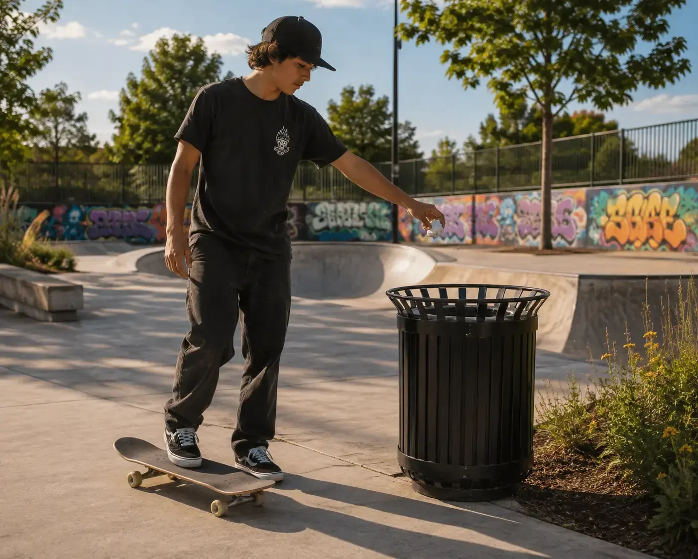 Skateboarder using a commercial outdoor trash receptacle to help keep a community skate park clean and welcoming.